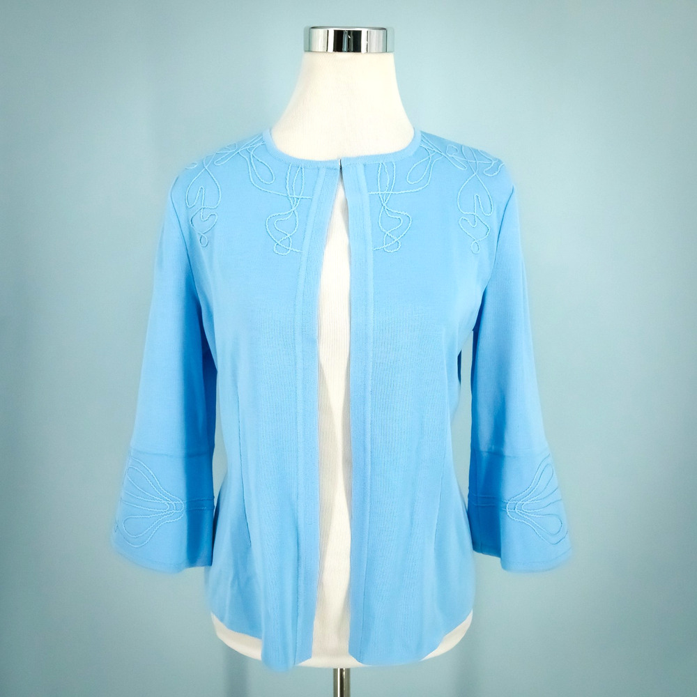 Ming Wang Size XS Blue Embroidered Crew Neck 3/4 Sleeve Knit Cardigan Sweater